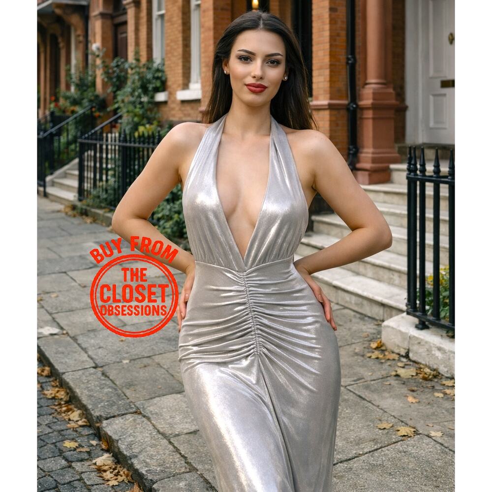 ZARA Metallic Halter Maxi Dress NWT Silver Ruched Formal Wedding Guest L - Picture 5 of 16